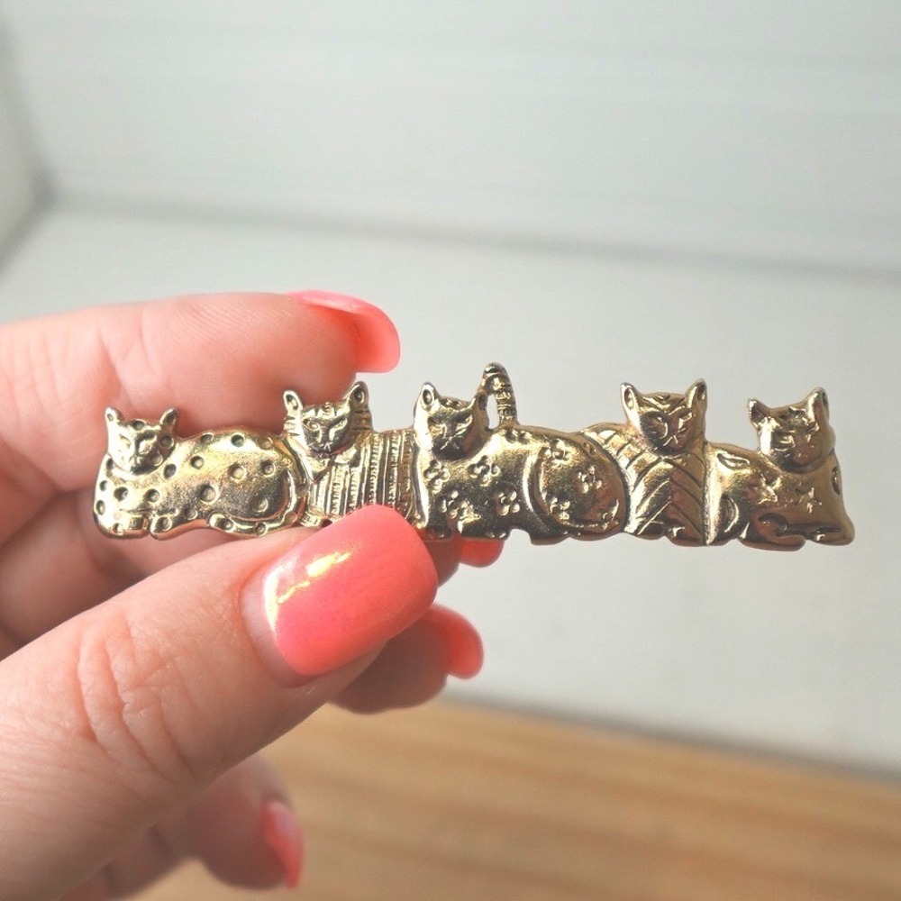 Vintage Cat Brooch Giovanni Signed Gold Tone Multiple Cats Retro Cottage Whimsy